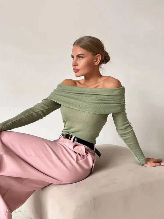 Sweatshirt femme off-shoulder – Côtelé – Coupe ajustée – Manches longues élégantes