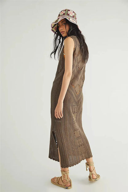 Robe Femme Maille Mesh – Coupe Décontractée – Col V – Motif Géométrique – Fente Latérale