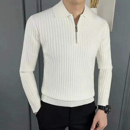 Pull homme – Laine – Coupe droite – Demi-zip – Col polo – Texture côtelée
