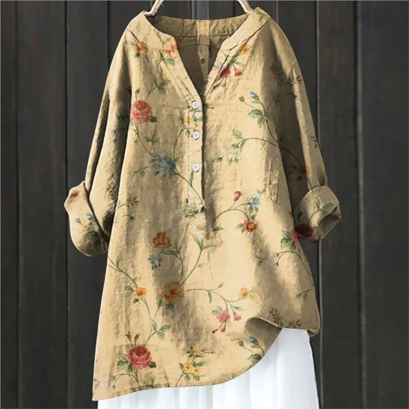 Blouse femme – Coupe décontractée – Motif floral – Manches longues retroussables – Tissu respirant