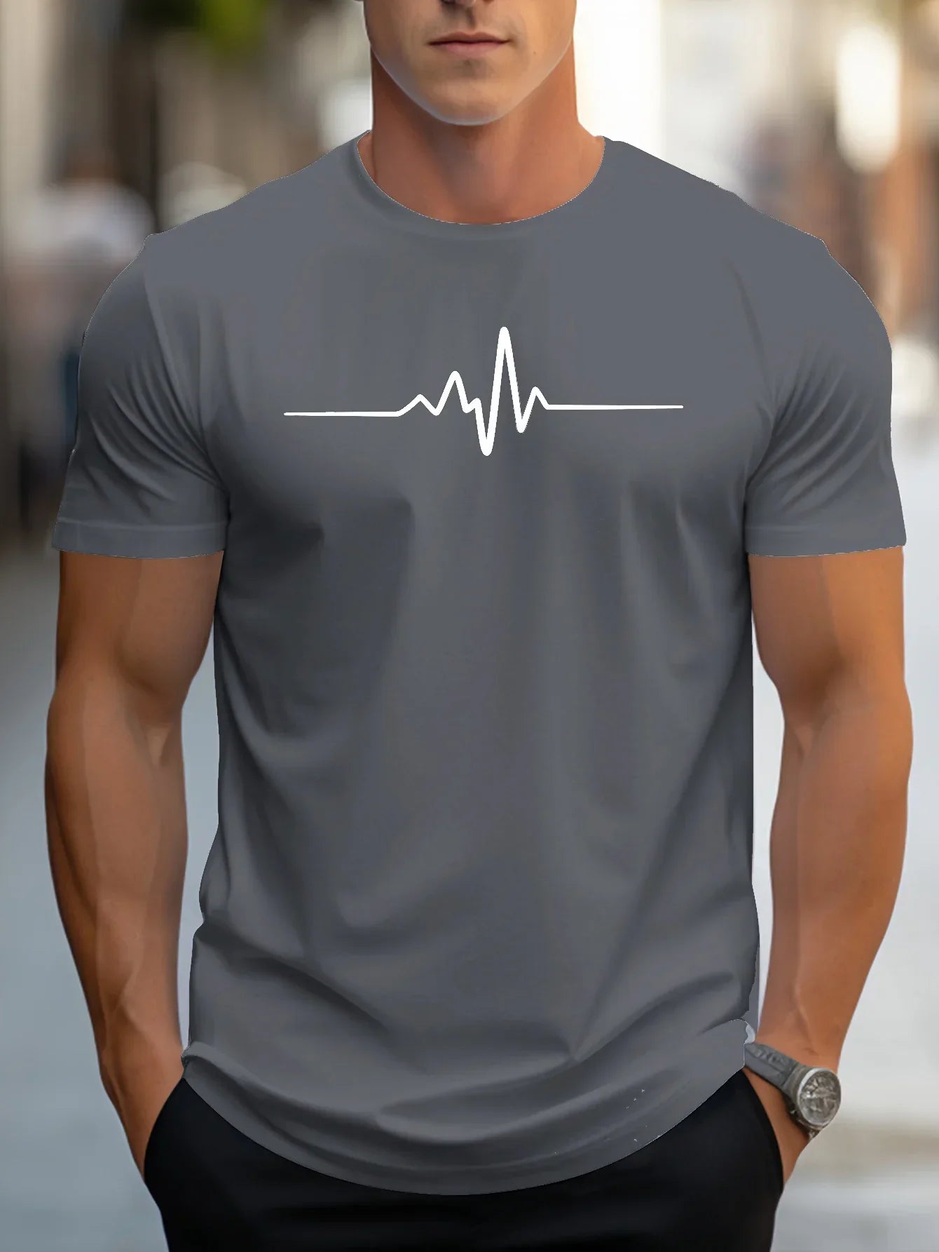T-shirt homme – Coupe slim – Maille douce – Manches courtes – Motif heartbeat moderne