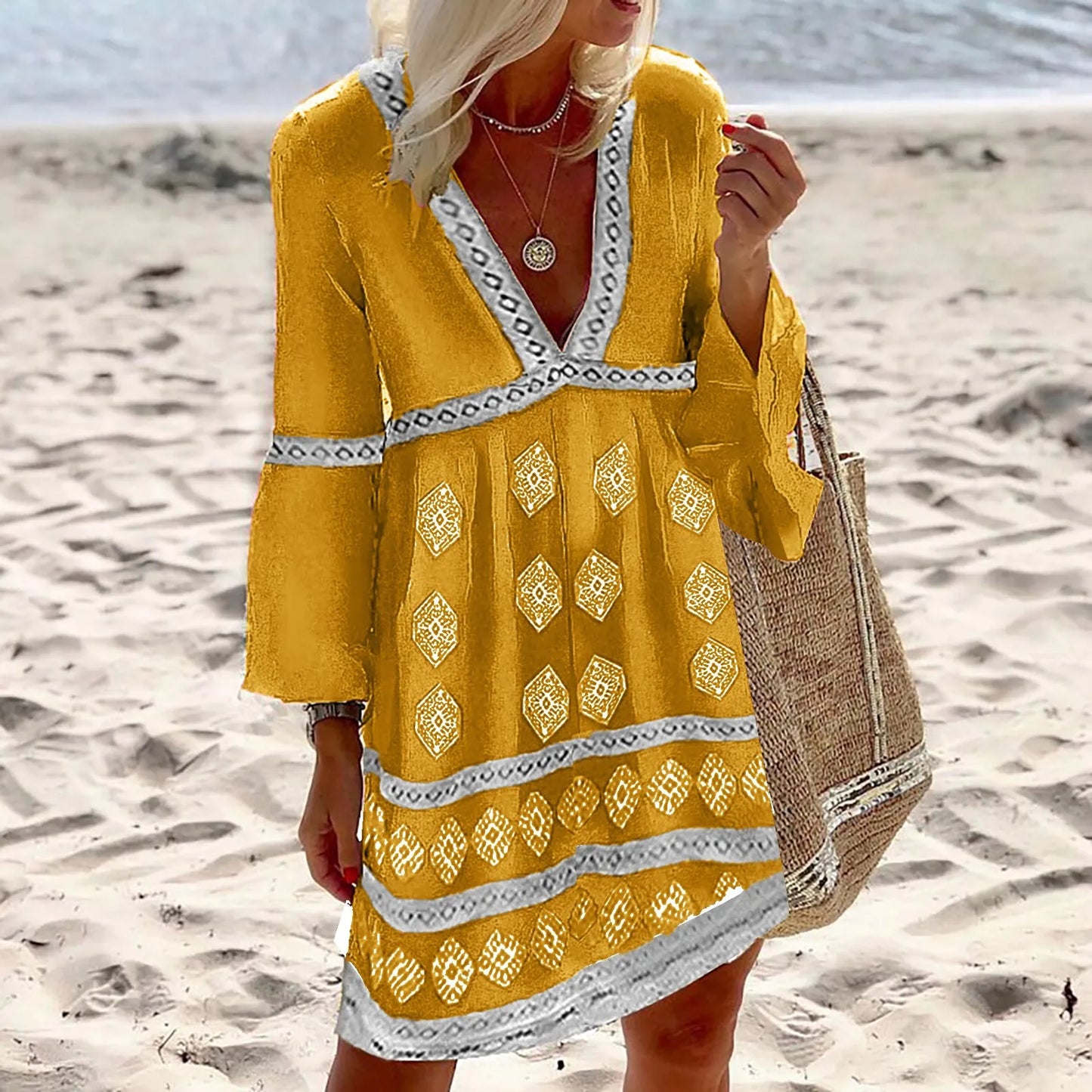 Women’s Boho V-Neck Beach Dress with Long Sleeves and Relaxed Fit