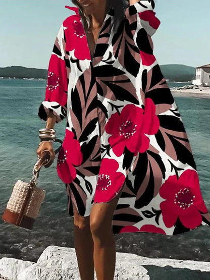 Robe Femme Ample - Imprimé Géométrique - Manches Longues - Ourlet Asymétrique - Tissu Léger