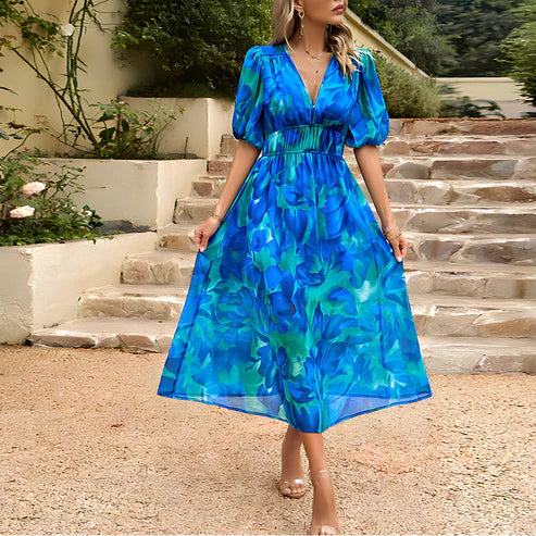 Robe Midi Femme - Motif Fleuri - Manches Courtes Bouffantes - Col V Élégant
