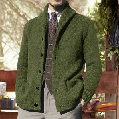 Homme Cardigan - Laine Mélangée - Col Châle - Manches Longues - Poches Latérales