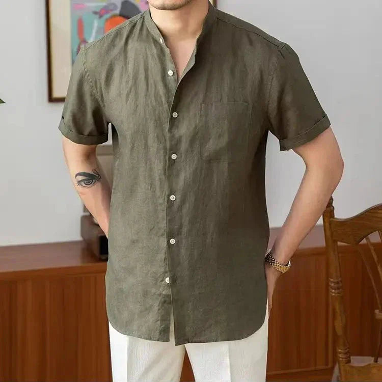 Chemise homme en lin – Coupe décontractée – Col mao – Manches longues boutonnées