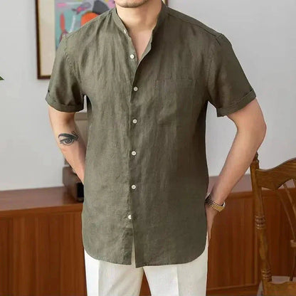 Chemise homme en lin – Coupe décontractée – Col mao – Manches longues boutonnées