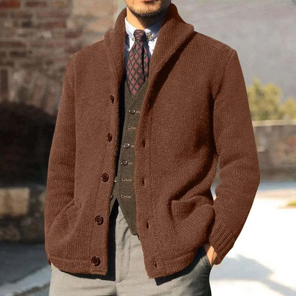 Homme Cardigan - Laine Mélangée - Col Châle - Manches Longues - Poches Latérales