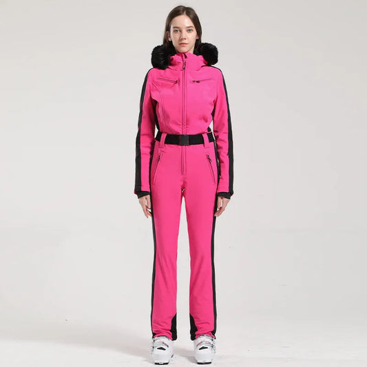 Combinaison de ski femme – Coupe ajustée – Ceinture – Capuche fausse fourrure – Imperméable