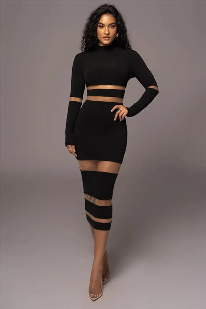 Robe Midi Femme – Coupe Moulante – Manches Longues – Col Montant – Découpes Taille