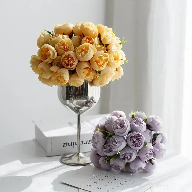 Bouquet de Fleurs Artificielles en Soie Avec Vase Transparent