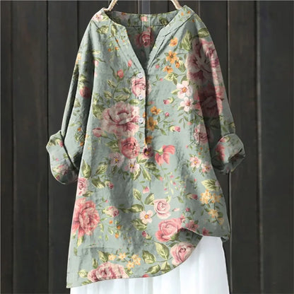 Blouse femme – Coupe décontractée – Motif floral – Manches longues retroussables – Tissu respirant