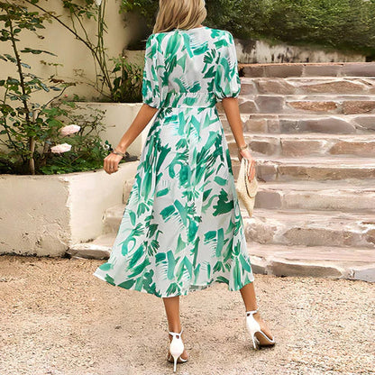 Robe Midi Femme - Motif Fleuri - Manches Courtes Bouffantes - Col V Élégant