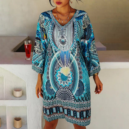 Robe Tunique Femme – Col V – Manches Amples – Tissu Léger – Motifs Bohèmes