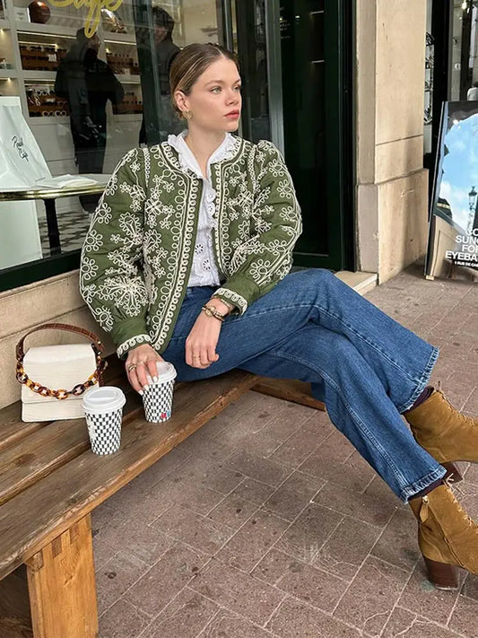 Manteau ethnique femme – Coton – Coupe décontractée – Brodé – Manches lanterne