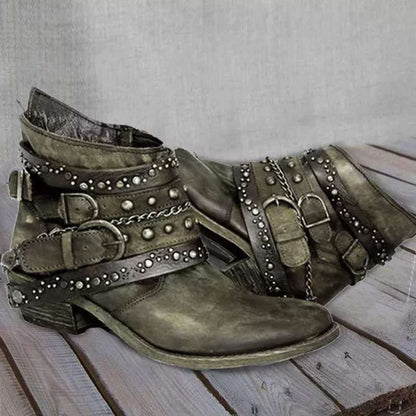 Bottines Femme – Cuir Vieilli – Brides Cloutées – Boucles – Talon Plat – Style Rock