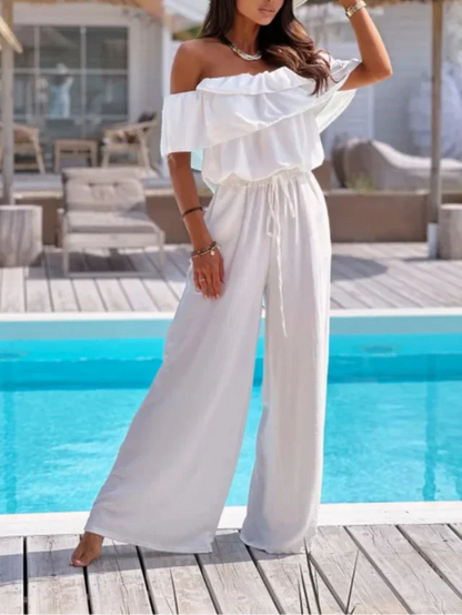 Combinaison femme – Épaules dénudées – Taille ajustable – Jambes larges fluide