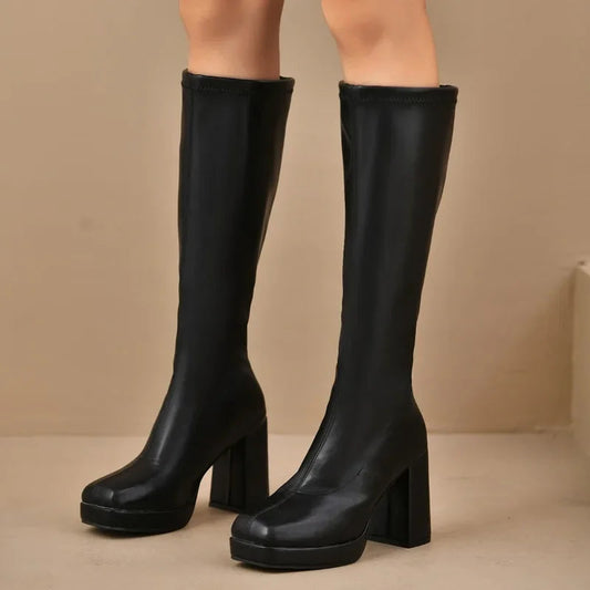 Bottes cuissardes femme – Talon large – Semelle plateforme – Coupe ajustée moderne