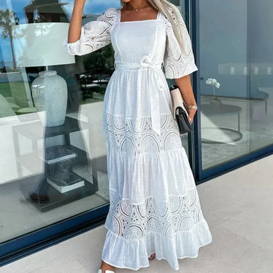 Robe Longue Femme - Encolure Carrée - Manches Dentelle 3/4 - Taille Ceinturée - Jupe Évasée