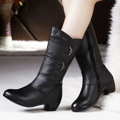 Bottes Femme - Cuir Élégant - Talon Bas Confortable - Fermeture Éclair Pratique