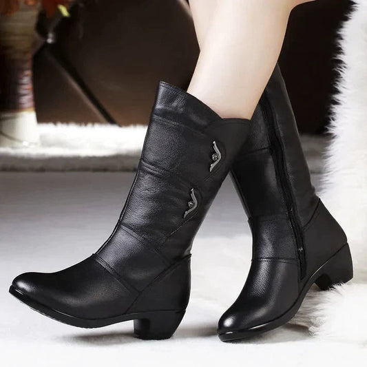 Bottes femme mi-mollet – Finition cuir lisse – Fermeture zippée – Talon bas confort