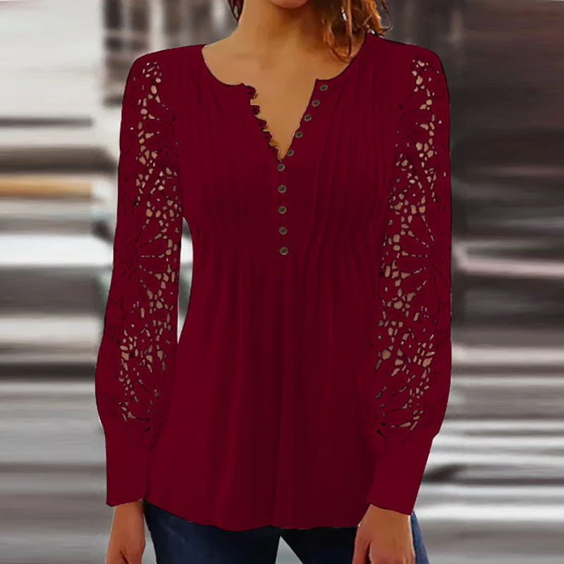Blouse femme – Coupe décontractée – Manches longues en dentelle – Col en V festonné