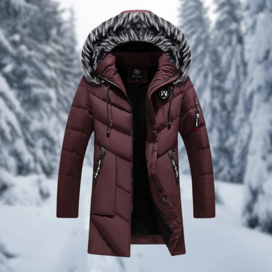 Veste matelassée homme – Coupe oversize – Capuche doublée fausse fourrure – Longueur mi-cuisse – Poignets côtelés