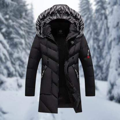 Veste matelassée homme – Coupe oversize – Capuche doublée fausse fourrure – Longueur mi-cuisse – Poignets côtelés