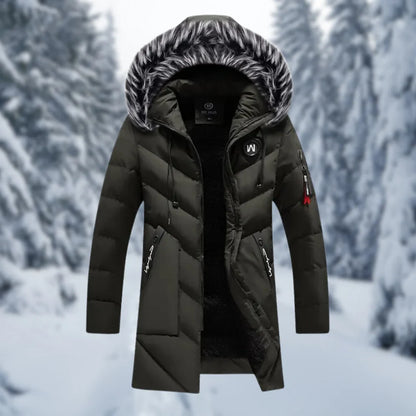 Veste matelassée homme – Coupe oversize – Capuche doublée fausse fourrure – Longueur mi-cuisse – Poignets côtelés