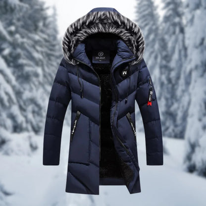 Veste matelassée homme – Coupe oversize – Capuche doublée fausse fourrure – Longueur mi-cuisse – Poignets côtelés