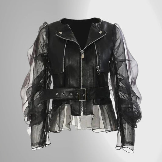 Veste en cuir femme – Coupe ajustée – Manches bouffantes en voile – Taille ceinturée