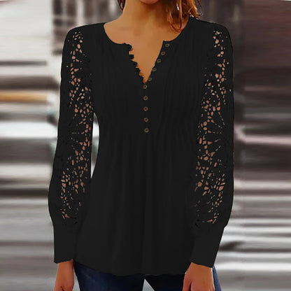 Blouse femme – Coupe décontractée – Manches longues en dentelle – Col en V festonné