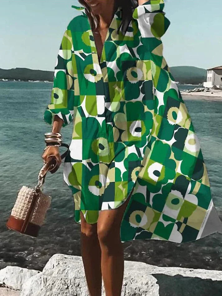 Robe Femme Ample - Imprimé Géométrique - Manches Longues - Ourlet Asymétrique - Tissu Léger