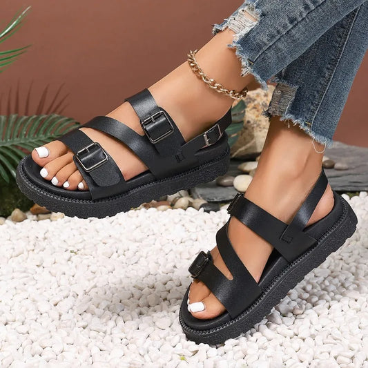 Sandales femme – Cuir végan – Bride réglable – Bout ouvert – Semelle plate confortable