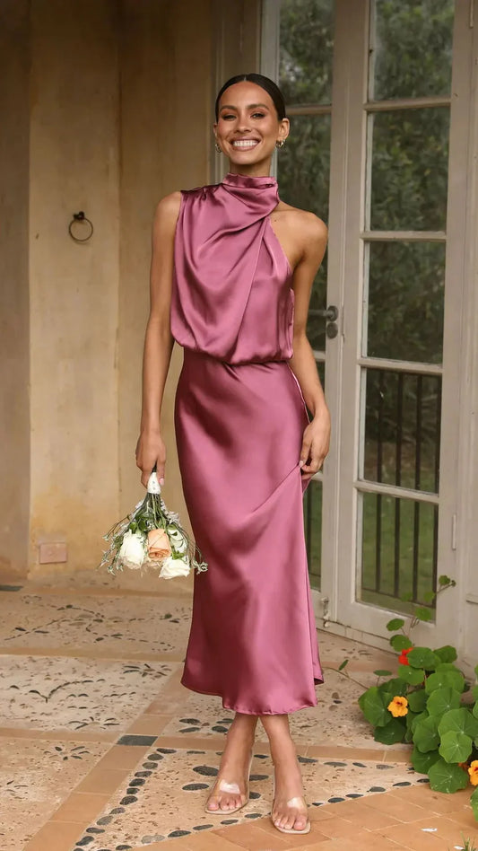 Robe de Soirée Femme – Satin Élégant – Asymétrique Sans Manches – Coupe Midi Ajustée