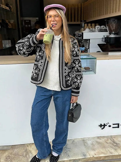 Manteau ethnique femme – Coton – Coupe décontractée – Brodé – Manches lanterne