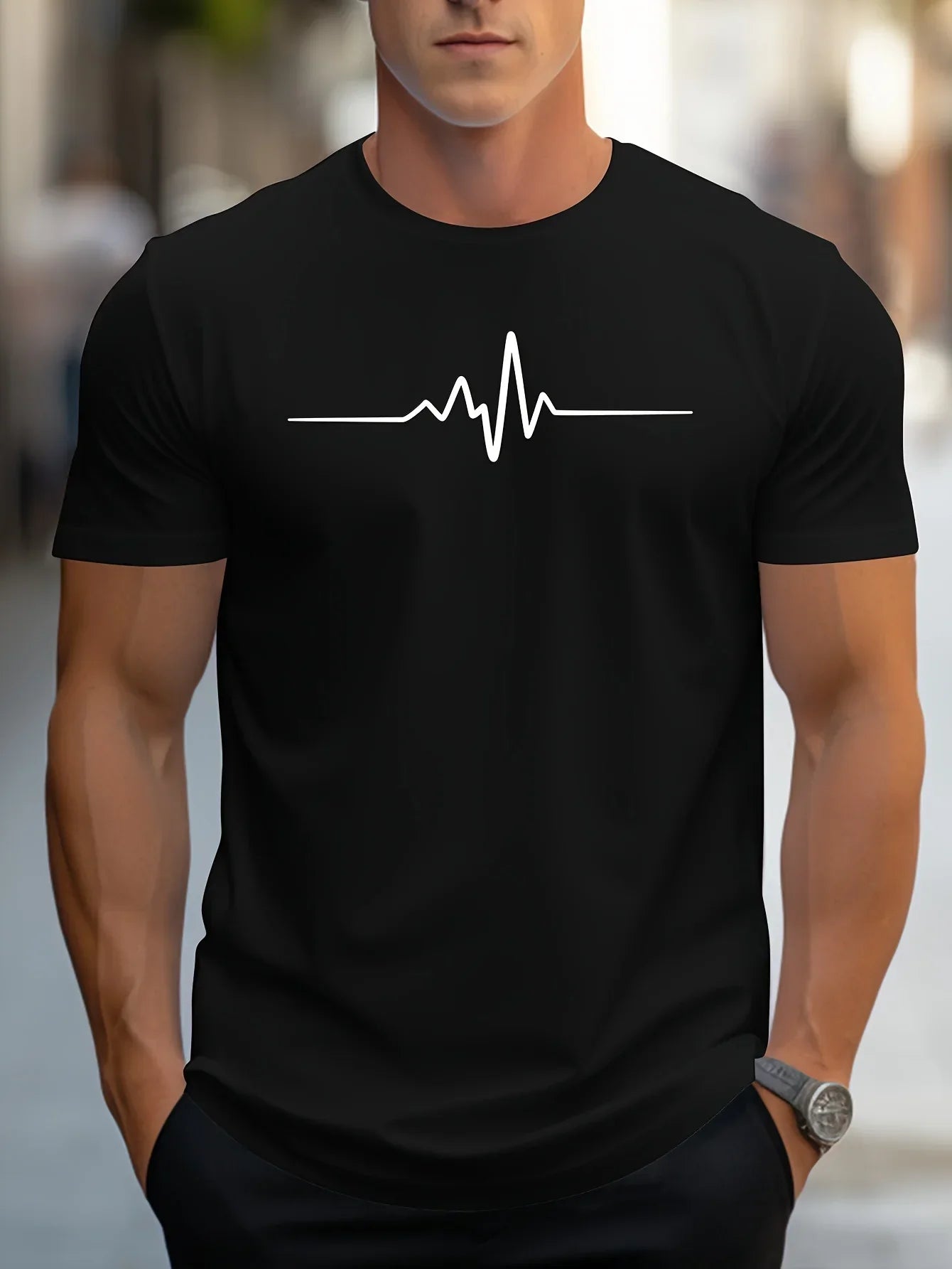 T-shirt homme – Coupe slim – Maille douce – Manches courtes – Motif heartbeat moderne