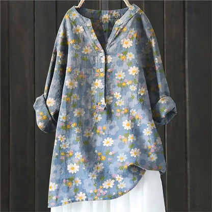 Blouse femme – Coupe décontractée – Motif floral – Manches longues retroussables – Tissu respirant