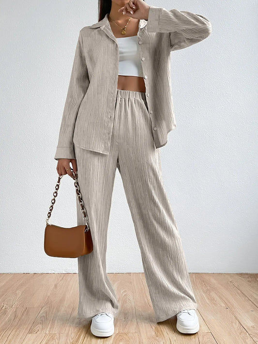 Tailleur Pantalon Femme – Tissu Respirant – Coupe Ample – Chemise Longue Manches Longues – Pantalon Droit Taille Élastique