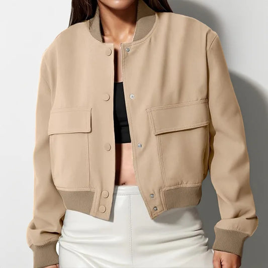 Veste bomber femme – Coupe décontractée – Longueur courte – Fermeture zippée à bouton – Ourlet côtelé