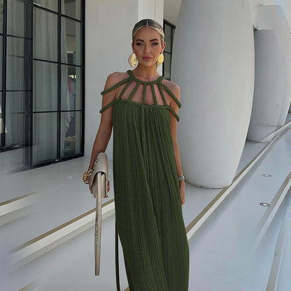 Robe Maxi Femme - Décolleté Halter - Plissée Élégante - Coupe Ample et Fluide