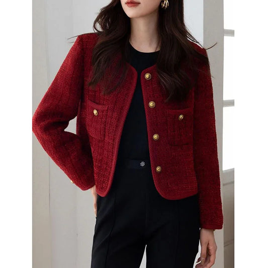 Veste courte femme – Tweed texturé – Coupe boxy – Col rond – Fermeture à boutons