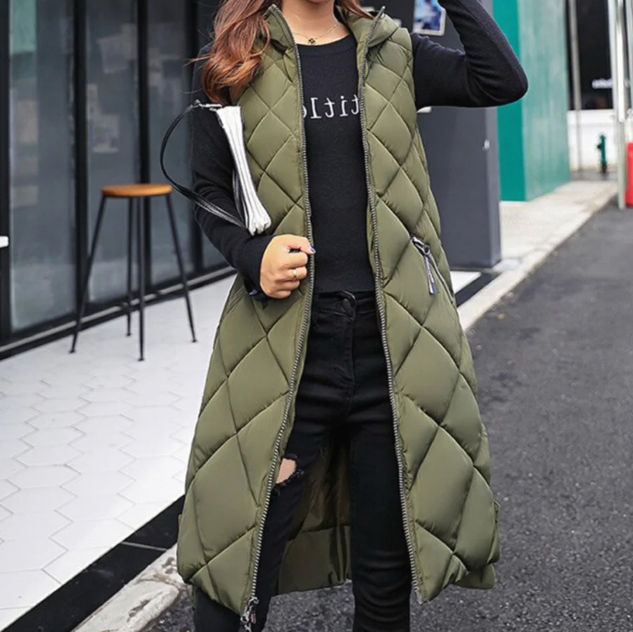 Gilet long femme – Capuche doublée – Matelassé chaud – Coupe ample imperméable