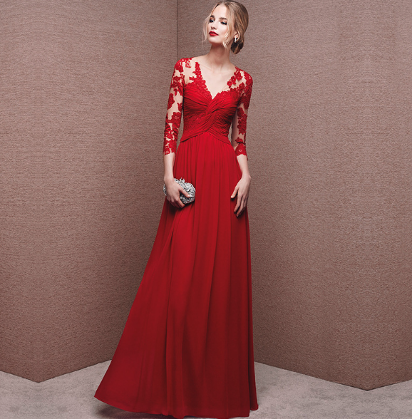 Robe longue femme – Dentelle élégante – Taille froncée – Manches longues – Décolleté V