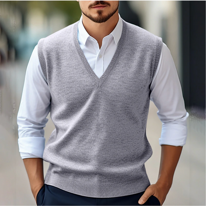 Pull homme sans manches – Maille fine – Coupe classique – Col en V côtelé