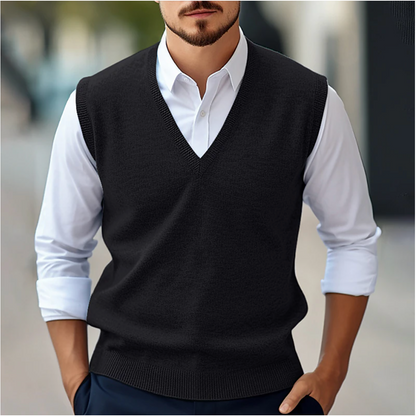 Pull homme sans manches – Maille fine – Coupe classique – Col en V côtelé