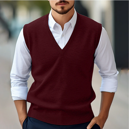 Pull homme sans manches – Maille fine – Coupe classique – Col en V côtelé