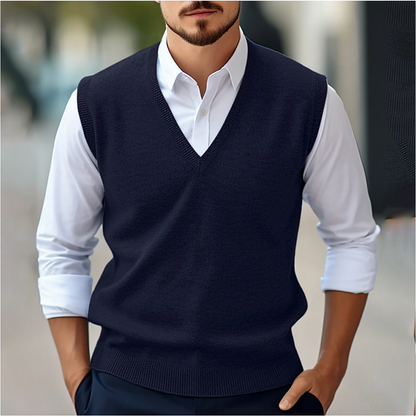 Pull homme sans manches – Maille fine – Coupe classique – Col en V côtelé