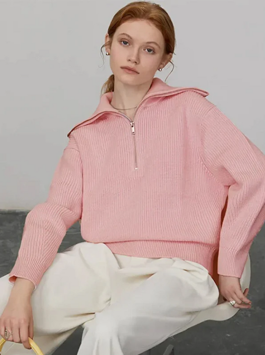 Pull femme – Laine – Coupe décontractée – Col zippé – Finitions côtelées