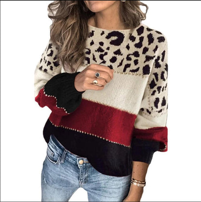 Pull femme en maille – Coupe décontractée – Laine – Motif rayures animalier
